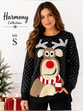 Harmony Collection Reindeer Christmas Sweater Size S 3D Nose Holiday Knit